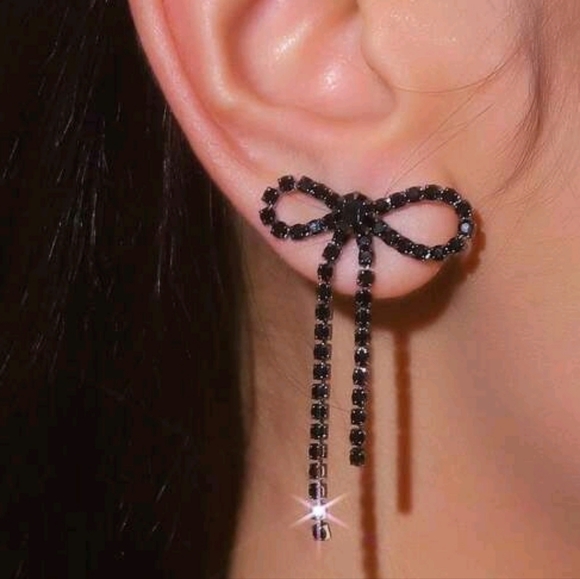 NEW!! Gold Plated Minimalist Black Rhinestones Bow Dangling Drop Post Earrings - Picture 2 of 5